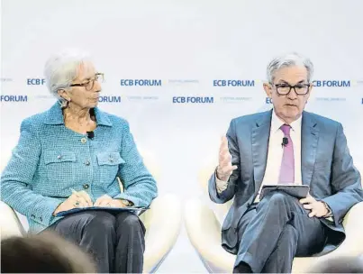  ?? BCE / EFE ?? Christine Lagarde (BCE) i Jerome Powell (Fed) ahir a Sintra