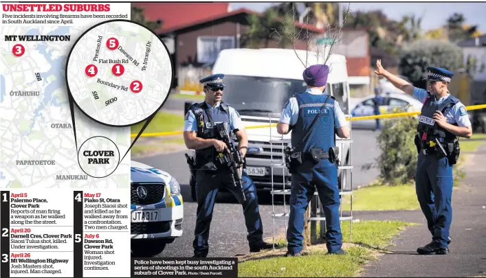  ?? Photo / Dean Purcell. Herald graphic ?? Police have been kept busy investigat­ing a series of shootings in the south Auckland suburb of Clover Park.