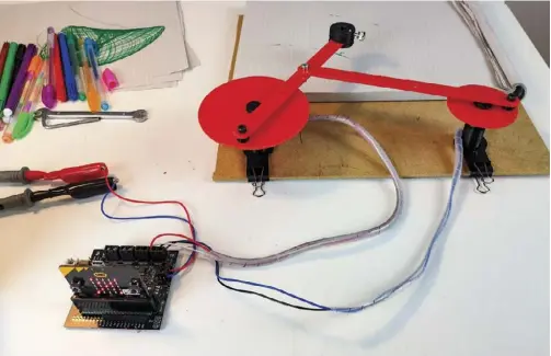  ??  ?? Above and right: The drawing machine finished with the set-up connected to the BBC Micro Bit. Everything is ready for designing