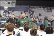  ?? AIMEE BIELOZER — THE MORNING JOURNAL ?? Westlake coach Jason Hall talks to his team after the Demons defeated Holland Springfiel­d in overtime on Nov. 4, 2016. Hall stepped down as Westlake’s coach on Dec. 7.