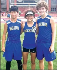  ?? Submitted Photo ?? Leng Lee (left), Desi Meek and Ryan Shaffer take a moment to pose for a photograph after competing in the two-day Arkansas Decathlon/Heptathlon at Cabot High School on May 18.