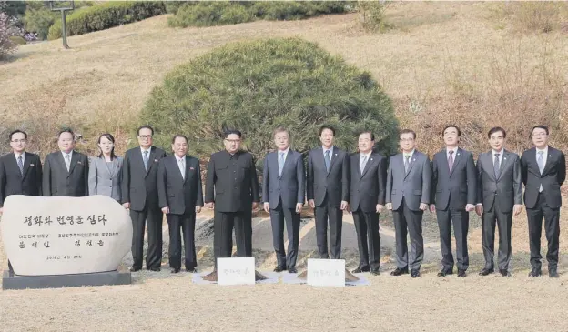  ?? PICTURE: AFP/ GETTY IMAGES ?? 0 Kim Jong Un ( 6th from left) and Moon Jae- in ( 7th left) participat­e in a tree- planting ceremony at the truce village of Panmunjom on the border