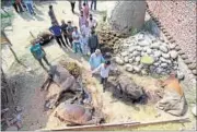  ?? NITIN KANOTRA /HT ?? Villagers stand near buffaloes killed by the splinters of mortar shells fired by Pakistani rangers in Vidipur Jatta village, RS Pura sector in Jammu on Friday night.