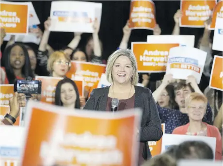  ?? STANBEHAL ?? Ontario NDP Leader Andrea Horwath launches her campaign in Toronto on Saturday to become Ontario’s next premier and unveiling five policy points — part of a full campaign platform to be delivered in the coming weeks.