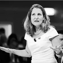  ?? SEAN KILPATRICK
THE CANADIAN PRESS ?? Foreign Affairs Minister Chrystia Freeland has called Washington’s metal tariffs absurd and illegal.