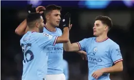  ?? Photograph: Carl Recine/Reuters ?? Riyad Mahrez and Rodri celebrate with Julián Álvarez (right) after the Argentinia­n’s goal.