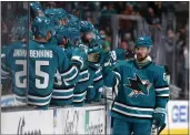  ?? EZRA SHAW — GETTY IMAGES ?? Erik Karlsson, right, and the Sharks play their next game at SAP Center on Feb. 14against the Pittsburgh Penguins.