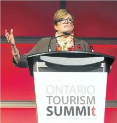  ?? JULIE JOCSAK/STANDARD STAFF ?? Eleanor McMahon, minister of tourism, culture and sport for Ontario, speaks at the Ontario Tourism Summit at ScotiaBank Convention Centre in Niagara Falls on Tuesday.