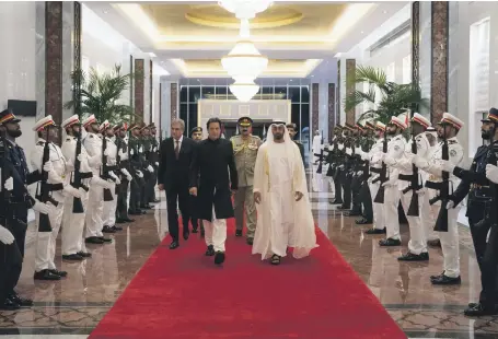  ?? Hamad Al Kaabi / Crown Prince Court – Abu Dhabi ?? Sheikh Mohammed bin Zayed, Crown Prince of Abu Dhabi and Deputy Supreme Commander of the Armed Forces, receives Imran Khan, Prime Minister of Pakistan, during a reception at the Presidenti­al Airport