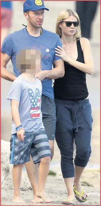  ?? Pictures: FAMEFLYNET & IAN WEST/ PA ?? Actress Gwyneth rests her hand on Chris’s arm as they stroll with their son Moses, eight