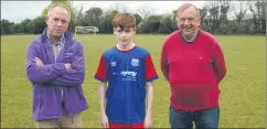  ?? ?? Pat Morrissey, Synergy Credit Union, Fermoy with Harry Keane of Castlebrid­ge Celtic and Liam Fraser, treasurer of WW/EC Schoolboys/ girls League, at the presentati­on of new jerseys for the Kennedy Cup team.