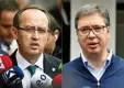  ?? FOTO:MEND NIMANI / AFP ?? Für neue Gespräche: Premier Av- dullah Hoti (l., Kosovo) und Präsi- dent Aleksandar Vucic (Serbien).