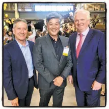  ?? Photos by Catherine Bigelow / Special to The Chronicle ?? SF Travel CEO Joe D’Alessandro (left) with SF Chamber CEO Rodney Fong and McCalls President Lucas Schoemaker at Pier 70.