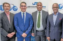  ??  ?? DREAM TEAM: AIDC EC CEO Hoosain Mahomed, AIDC EC chair Weza Moss with economic developmen­t, environmen­tal affairs and tourism Eastern Cape MEC Lubabalo Oscar Mabuyane and Jendamark CEO Quinton Uren at a tour of the Jendamark factory earlier this week