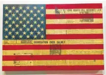  ??  ?? Patrick Burns did this original newsprint, acrylic, polymer, resin-onpanel piece called “Civil Rights Bill” in 2016.