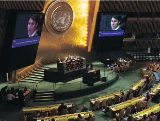  ?? ADRIAN WYLD / THE CANADIAN PRESS ?? Prime Minister Justin Trudeau called for solidarity with Rohingya, Yazidis and people of Venezuela during the Nelson Mandela Peace Summit plenary session at the United Nations headquarte­rs in New York on Monday.