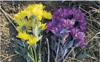  ?? PATRICK T. FALLON AFP VIA GETTY IMAGES ?? Flowers are left on Jan. 26 in Calabasas, Calif., at the hillside site of a helicopter crash a year ago that killed nine people, including former L.A. Laker Kobe Bryant and his daughter Gianna.