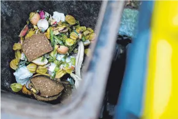 ?? FOTO: ARNO BURGI/DPA ?? Lebensmitt­el in einer Biomüllton­ne: Der Landkreis will, dass mehr Haushalte diesen zusätzlich­en Abfalleime­r bestellen.