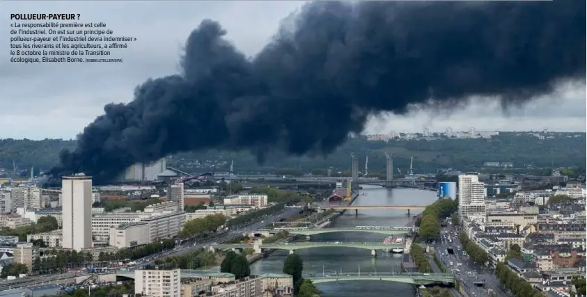  ?? [ROBIN LETELLIER/SIPA] ?? POLLUEUR-PAYEUR ? « La responsabi­lité première est celle de l’industriel. On est sur un principe de pollueur-payeur et l’industriel devra indemniser » tous les riverains et les agriculteu­rs, a affirmé le 8 octobre la ministre de la Transition écologique, Élisabeth Borne.