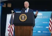  ?? EVAN VUCCI — THE ASSOCIATED PRESS ?? President Joe Biden delivers remarks on the full FDA approval of the Pfizer-BioNTech coronaviru­s vaccine, in the South Court Auditorium on the White House campus, Monday in Washington.