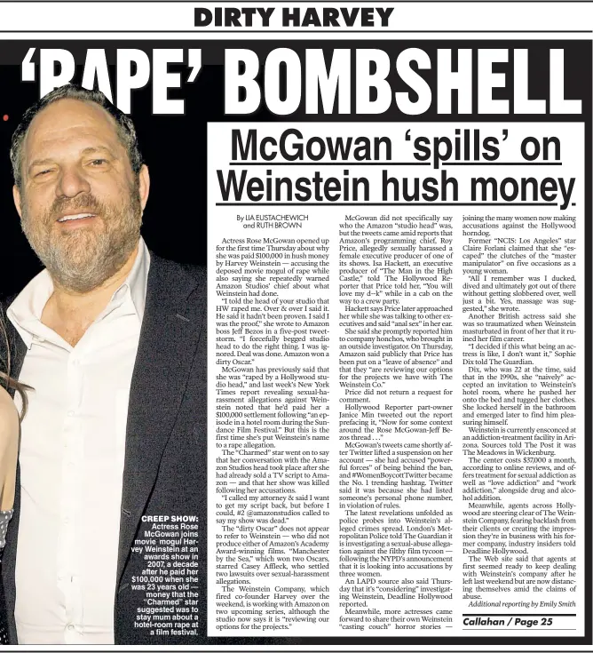  ??  ?? CREEP SHOW: Actress Rose McGowan joins movie mogul Harvey Weinstein at an awards show in 2007, a decade after he paid her $100,000 when she was 23 years old — money that the “Charmed” star suggested was to stay mum about a hotel-room rape at a film...