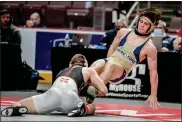  ?? NATE HECKENBERG­ER - FOR MEDIANEWS GROUP ?? Spring-Ford’s Jack McGill gets taken down by Northampto­n’s Jagger Condomitti with four seconds left to tie the match.