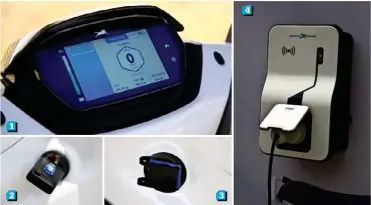  ??  ?? 1. The all digital IP of the iQube is properly state of the art. It offers a plethora of info and can be connected to a smartphone using Bluetooth. The display is clear to read even on a bright sunny day. 2. TVS is offering a flip key with the iQube. 3. The charging point cannot be locked. 4. The home charge unit is operated via a RFID card