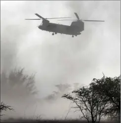  ?? The Maui News / MATTHEW THAYER photos ?? Right: A National Guard Chinook helicopter sends up clouds of gray ash and dust as it lands near the Anthony T. Kahoohanoh­ano Armory on Friday morning. The helicopter was one of four making air drops on the South Maui fire Friday.
Bottom left: Maui Humane Society Director of Developmen­t and Community Outreach Nancy Willis talks on the phone during Thursday’s evacuation.
Bottom right: Maui firefighte­rs clear and test a fire hydrant next to the Maui Humane Society on Thursday afternoon while waiting to make a stand against a fastmoving fire bearing down upon the facility.