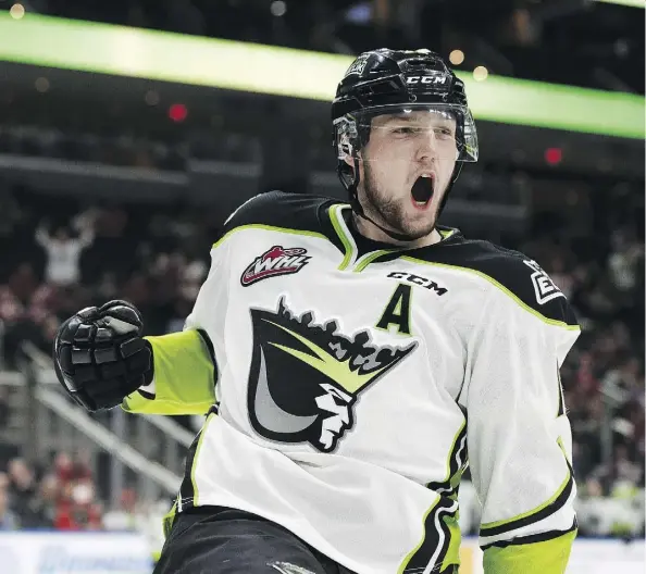  ?? IAN KUCERAK ?? Oil Kings forward Tomas Soustal celebrates a goal during the five-goal second period as Edmonton downed the Lethbridge Hurricanes 5-1 at Rogers Place Tuesday. The team has a home-and-home series this weekend with the Calgary Hitmen to close out their...