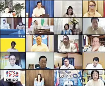  ??  ?? SONA IN THE TIME OF COVID: Senate President Vicente Sotto III and Speaker Alan Peter Cayetano sit at the podium (left) while other lawmakers, agency officials and local government executives listen to President Duterte’s SONA via teleconfer­encing.