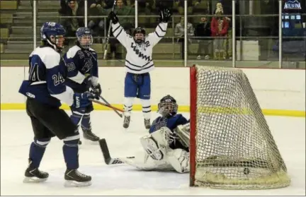  ?? STAN HUDY - SHUDY@DIGITALFIR­STMEDIA.COM ?? LaSalle Institute senior forward Ryan Murray celebrates his go-ahead power play goal in the second period Friday night at Hudson Valley Community College. LaSalle won the CDHSHL contest, 2-1in OT.