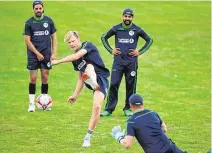  ??  ?? Harry Tector puts a penalty past Kevin O’Brien in a game of soccer yesterday ahead of Ireland’s third ODI against England in Southampto­n