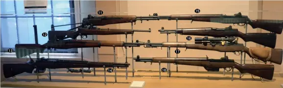  ??  ?? M1功能提升和轻型步­枪： 11 M1E5卡宾枪； 12 伽兰德SR M1步枪； 13 M1步枪； 14 伽兰德T1E1步枪； 15 T20步枪； 16 T26步枪； 17 M1D步枪； 18 T35步枪