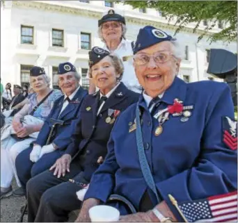  ?? DIGITAL FIRST MEDIA FILE PHOTO ?? The ladies of the Keystone WAVES (Women Accepted for Volunteer Emergency Service) pose for a photograph outside of the Media Courthouse on Memorial Day 2015. From right to left: Gladys Martin, Elizabeth Robinson, Gladys Fellice, Louise Manz and Ruthie...