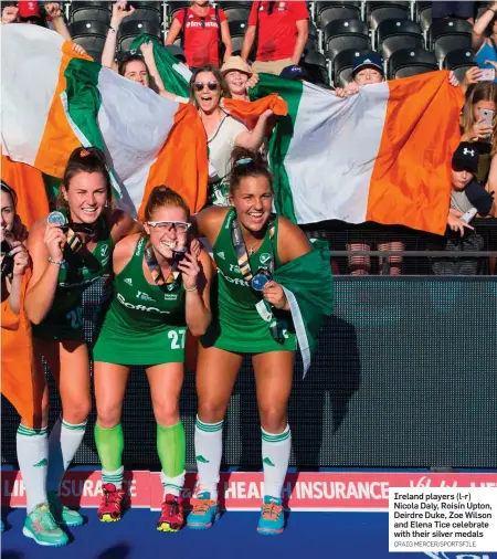  ?? CRAIG MERCER/SPORTSFILE ?? Ireland players (l-r) Nicola Daly, Roisín Upton, Deirdre Duke, Zoe Wilson and Elena Tice celebrate with their silver medals