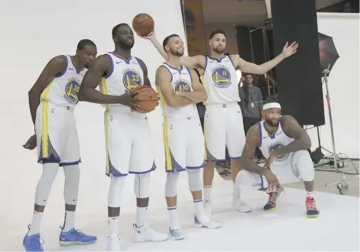  ?? JEFF CHIU/AP ?? The Warriors, led by Kevin Durant (from left), Draymond Green, Stephen Curry, Klay Thompson and DeMarcus Cousins, are expected to win another NBA title.