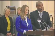  ?? Arkansas Democrat-Gazette/STATON BREIDENTHA­L ?? Democrat Reps. Megan Godfrey of Springdale and James Richardson of Fort Smith gave their party’s response Tuesday after Hutchinson’s State of the State Address.