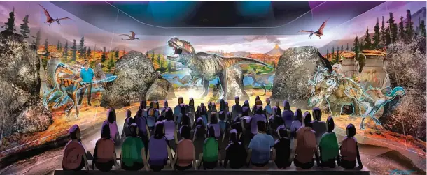  ?? BASE HOLOGRAM VIA AP ?? An artist’s rendering shows a prototype three-dimensiona­l hologram display for a dinosaur exhibit. A Montana paleontolo­gist who consulted on the Jurassic Park movies is developing a threedimen­sional hologram exhibit that will showcase the latest...