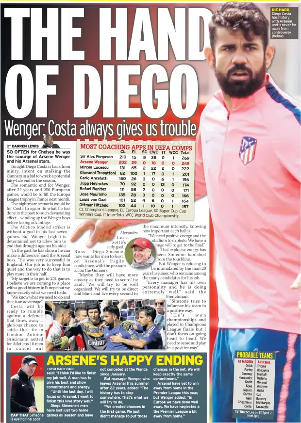  ??  ?? CAP THAT Simeone is eyeing final spot DIE HARD Diego Costa has history with Arsenal and is never far away from controvers­y (below)