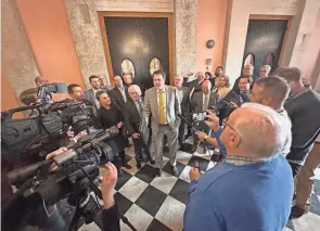  ?? ANNA STAVER ?? Rep. Derek Merrin, R-monclova, talks with reporters on Jan. 11. Merrin had the support of most House Republican­s to become speaker, but he didn’t have the total votes to get the job.