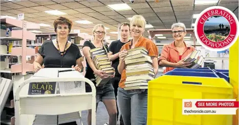  ?? PHOTOS: KEVIN FARMER ?? thechronic­le.com.au ON THE MOVE: Library staff helping move more than 100,000 books to a temporary new library are (from left) Wendy Langerak, Katie Wegener, Allan Duffy, Ann Batham and Leonie Youngberry.