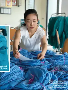  ??  ?? Fabrics waiting to be cut and turned into PPE suits
Celest making her final checks before distributi­ng to hospitals and clinics