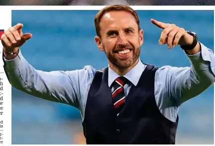  ?? GETTY IMAGES ?? Maestro: Southgate conducts the fans’ post-match songs as he continues to impress