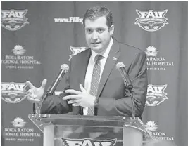  ?? JIM RASSOL/SUN SENTINEL ?? Brian White, FAU’s vice president and director of athletics, expects for the college football season to be played in the fall but is preparing for other scenarios as well.