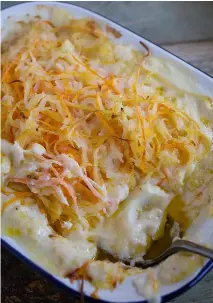  ??  ?? Root vegetable rosti (left) adds sweetness and crunch to fish pie. Below: pepper, feta and aubergine pithiver – tasty and colourful