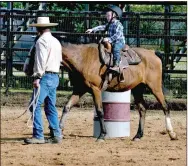  ??  ?? Junior cowboy Ejorn Karain, has some instructio­ns for his dad, Anthony Karain, during the leadline barrel race at Sunday’s Lincoln Riding Club Play Day. Ejorn finished the course with a time of 83.313.