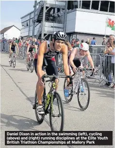  ??  ?? Daniel Dixon in action in the swimming (left), cycling (above) and (right) running discipline­s at the Elite Youth British Triathlon Championsh­ips at Mallory Park