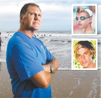  ??  ?? Steve Barclay is the father of Matthew Barclay (inset top) who died while competing at the Aussie Titles in 2012. Saxon Bird (bottom inset) also died during competitio­n at the same stretch of sand in 2010. Main picture:: RICHARD GOSLING