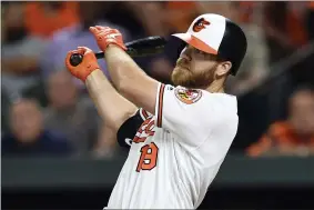  ?? GAIL BURTON — THE ASSOCIATED PRESS FILE ?? Baltimore Orioles’ Chris Davis follows through on a two-run home run against the Chicago White Sox in the third inning of a baseball game in Baltimore, in this Tuesday, April 23, 2019, file photo. Slugger Chris Davis announced his retirement Thursday, Aug. 12, 2021, ending a career in which he became one of baseball’s most prodigious home run hitters before his production declined amid injury problems during his final seasons with the Baltimore Orioles.