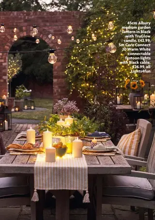  ?? ?? 45cm Albury medium garden lantern in Black with Truglow candle, £42.99, 5m Core Connect 10 Warm White connectabl­e festoon lights with Black cable, £26.99, all Lights4fun